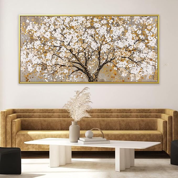 Large Gold Framed Wall Art Print Gold Abstract Tree Of Life Framed Modern Artwork Canvas Painting Gold Tree Pictures Home Decor Ready To Hang For Bedroom Living Room 29" X 58"