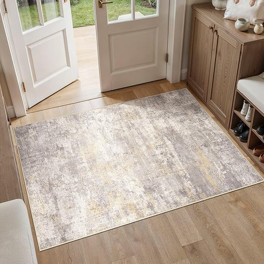 cotiled 3x5 Area Rugs for Living Room - Washable Neutral Abstract Carpet Non Slip Soft Rug for Bedroom & Dining Table, Robot Vacuum & Pet Friendly Floor Decor Gold/Grey/Brown