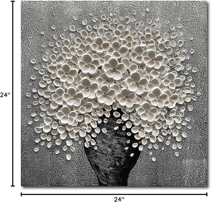 100% Hand-Painted White Flower Art Oil Painting, Modern Home Furnishing Canvas Painting Decoration, 3D Abstract Mural Painting,24x24 inch Frame Wall Art Hanging