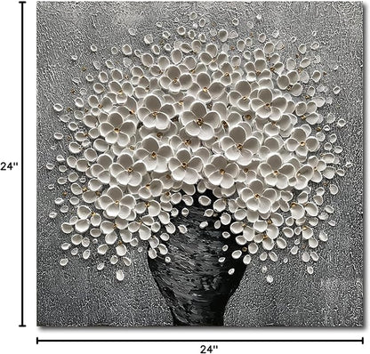 100% Hand-Painted White Flower Art Oil Painting, Modern Home Furnishing Canvas Painting Decoration, 3D Abstract Mural Painting,24x24 inch Frame Wall Art Hanging