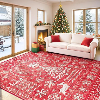 Christmas Area Rug for Living Room 8x10: Large Washable Xmas Rugs Boho Moroccan Holiday Rug Soft Non Slip Carpet for Bedroom Dining Room Home(Xmas Red, 8'X10')