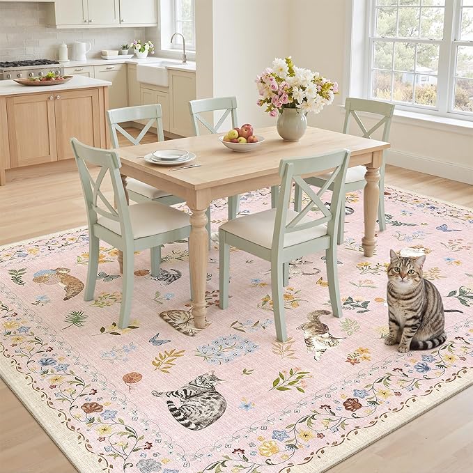 Soalmost Cat 5x7 Pink Area Rugs for Baby Girl Nursery, Machine Washable Animal Floral Vintage Rug Non-Slip Low Pile Soft Throw Rugs for Living Room Kitchen Dining Room Bedroom Playroom (5 x 7,Pink)