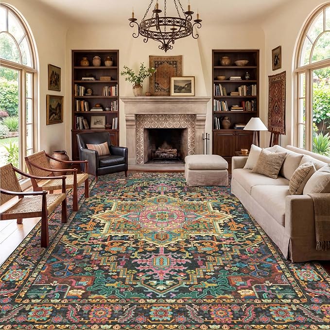 Kokia 10x14 Washable Black and Pink Area Rugs with Vintage Orient Design, Soft Rug for Living Room or Bedroom, Non-Slip Low Pile Stain Resistance Features, Distressed Medallion Pattern