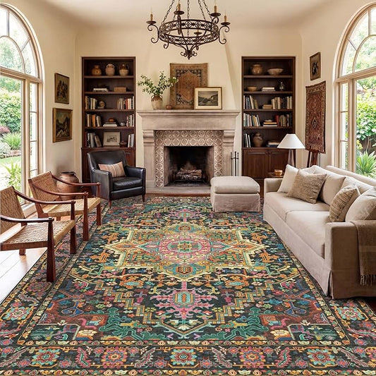 Kokia 10x14 Washable Black and Pink Area Rugs with Vintage Orient Design, Soft Rug for Living Room or Bedroom, Non-Slip Low Pile Stain Resistance Features, Distressed Medallion Pattern