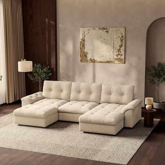 Oversized Modular Sectional Sofa with Storage, Modern Deep Seat Cloud Couch for Living Room, L-Shaped Large Sectional Couch, 3 Seater with 2 Ottomans, Beige