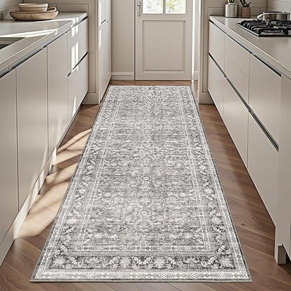 OPPODREAM Vintage Grey 3x6 Runner Rug, 3 x 6 Retro Washable Rug Non Slip, Low-Pile Faux Wool Carpet, Distressed Gray Floor Mat for Kitchen, Hallway, Entry-Way, Entrance, Indoor Back Door