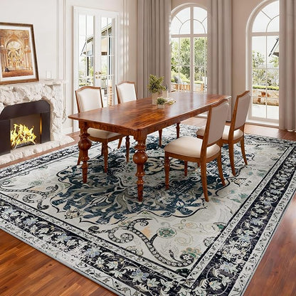 RUSHUFFY 8x10 Washable Area Rugs for Living Room, Non-Slip Large Boho Vintage Retro Print Pattern Carpet for Bedroom Dorm Dining Room Farmhouse Nursery Home Office, Slate Blue & Beige
