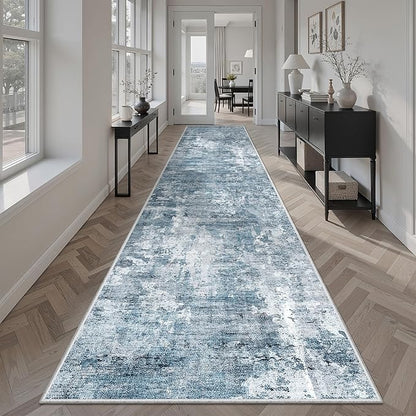 Soalmost Runner Rug 2'6" x 12' Washable Non-Slip 2.5x12 ft Long Runner Rugs for Kitchen Bathroom Laundry Room Vintage Ultra Thin Runners for Hallway Entryway Blue/Grey