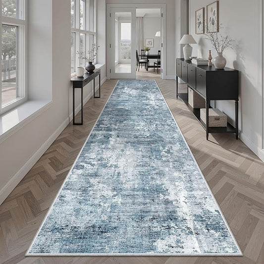Soalmost Runner Rug 2'6" x 12' Washable Non-Slip 2.5x12 ft Long Runner Rugs for Kitchen Bathroom Laundry Room Vintage Ultra Thin Runners for Hallway Entryway Blue/Grey