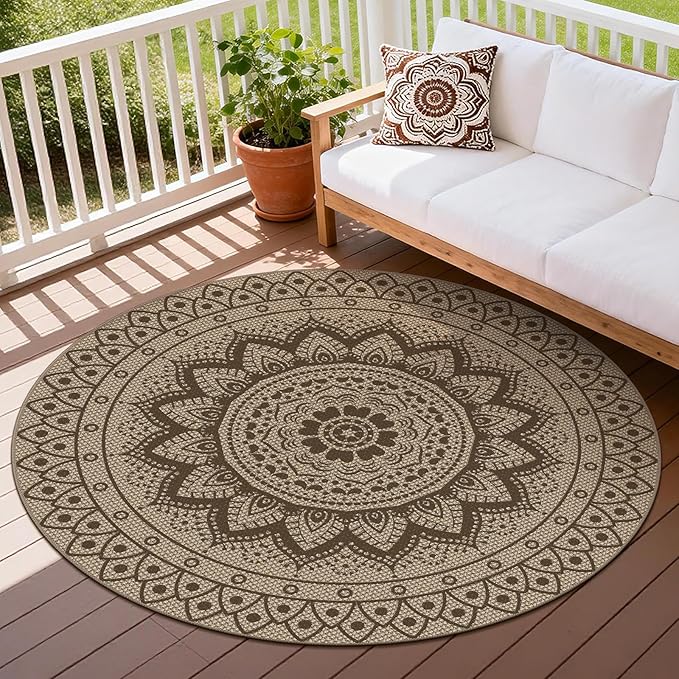 Easy Jute Outdoor Round Rug, 5ft Washable Indoor Outdoor Patio Rug, Brown Non Slip Round Area Rug Farmhouse, Boho Carpet for Backyard Patio