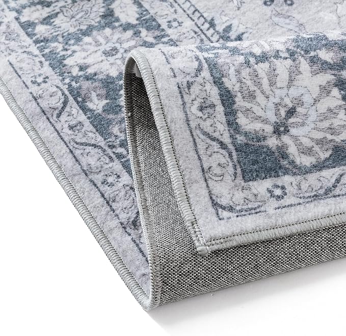 PureCozy 5x7 Area Rug Blue Washable Vintage Carpet Living Room Bedroom Non Slip Stain Soft Resistant Low Pile Thin Boho Accent Indoor Throw Rug for Dining Room Office