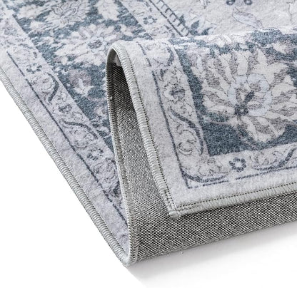 PureCozy 6x9 Area Rug Blue Washable Vintage Carpet Living Room Bedroom Large Non Slip Stain Soft Resistant Low Pile Thin Boho Accent Indoor Throw Rug for Dining Room Office