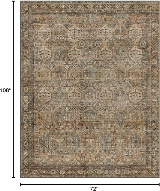 GENIMO 6x9 Area Rugs for Living Room, Machine Washable Non Slip Vintage Rugs, Low Pile Lightweight Chenille Print Rug for Bedroom, Dining Room, Home Office, Warm Taupe