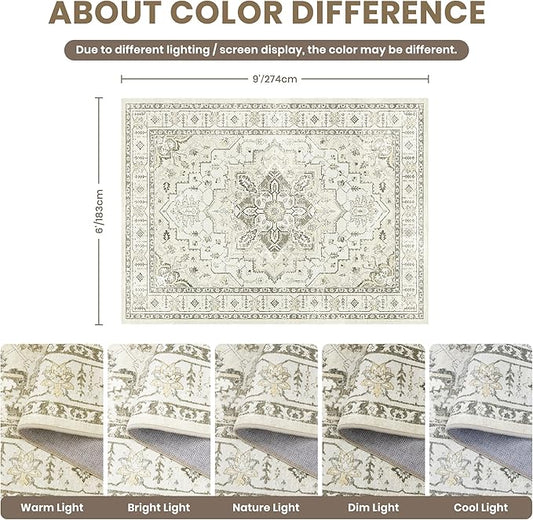 zesthome Washable Rug 6x9 Area Rugs,Stain Resistant Rugs for Living Room,Bedroom,Non-Slip Backing Home Decor Rug, Vintage Medallion Pattern Rugs (Beige,6'x9')