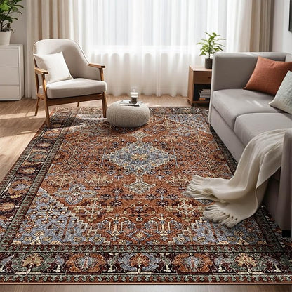 Kokia 5x7 Area Rugs for Living Room, Machine Washable Low Pile Rug, Non Slip Backing Boho Rugs for Bedroom, Printed Soft Vintage Carpet Sienna Brown 5 x 7