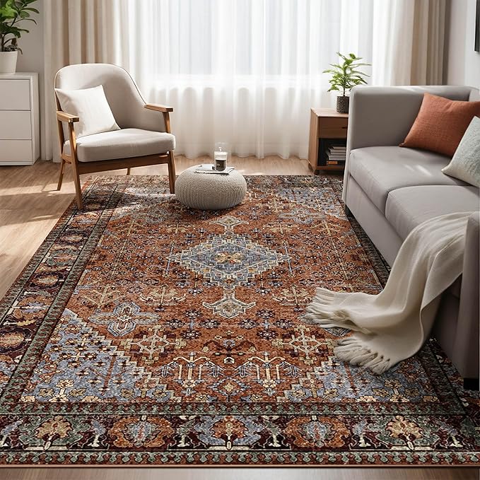 4x6 Area Rugs for Living Room, Machine Washable Low Pile Rug, Non Slip Backing Boho Rugs for Bedroom, Printed Soft Vintage Carpet Sienna Brown 4 x 6