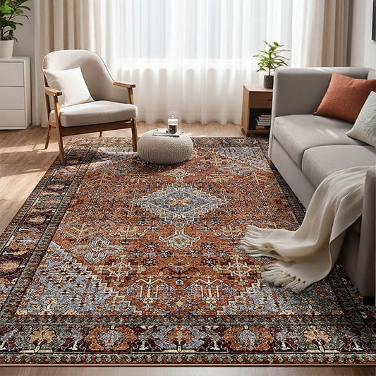 4x6 Area Rugs for Living Room, Machine Washable Low Pile Rug, Non Slip Backing Boho Rugs for Bedroom, Printed Soft Vintage Carpet Sienna Brown 4 x 6