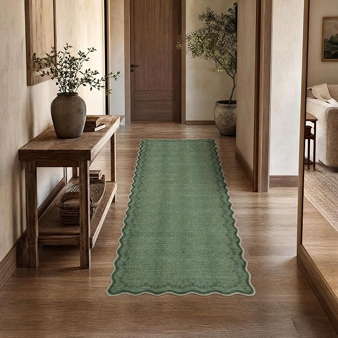 GarveeHome 2.5x8 Scalloped Washable Runner Rug for Kitchen, Soft Green Long Hallway Runner Non Slip Entryway Rug Farmhouse Thin Laundry Mat Stain Resistant Carpet for Bathroom Beside Rug