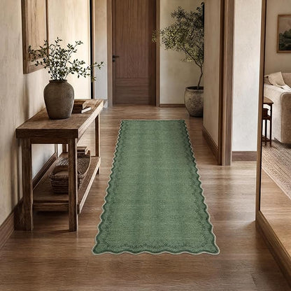 GarveeHome 2.5x8 Scalloped Washable Runner Rug for Kitchen, Soft Green Long Hallway Runner Non Slip Entryway Rug Farmhouse Thin Laundry Mat Stain Resistant Carpet for Bathroom Beside Rug