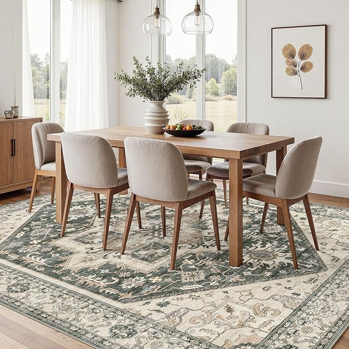 9x12 Area Rugs for Living Room - Large Carpet Ultra Thin Soft Washable Oriental Vintage Floral Distressed Rug Big Indoor Carpets for Bedroom Nursery Dorm Home Decor Aesthetic - Vintage Green