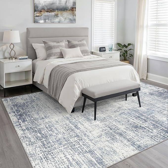 10x13 Area Rug Living Room: Washable Large Neutral Blue Rug Abstract Soft Modern Stain Resistant Indoor Floor Non-Slip Carpet for Bedroom Nursery Kids Office Playroom Dining Room Under Table Home
