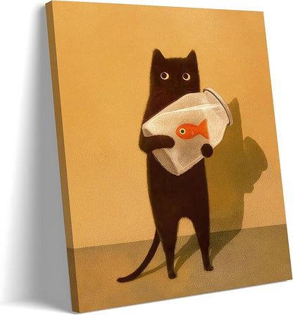 Funny Black Cat Wall Art, Abstract Black Cat and Fish Canvas Poster Print Picture, Cute Animal Wall Decor, Perfect for Cat Lovers for Bathroom Living Room Bedroom Kids Room 12x16in Framed