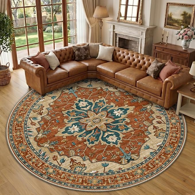 RELEANY Area Rugs Round 10ft Washable Non-Slip, Floral Vintage Distress Print Pattern Medallion Carpet for Living Room Bedroom Dining Room, Red Orange Blue Brown