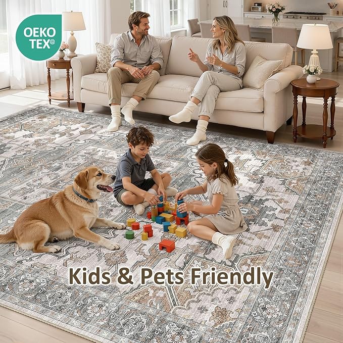 8x11 Washable Area Rugs for Living Room: Non Slip Vintage Gray Brown Rug, Large Soft Stain Resistant Indoor Floor Carpets for Bedroom Dining Room Nursery Home Office Kid & Pet Friendly