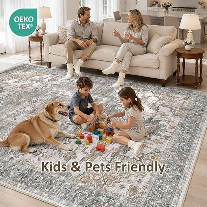8x11 Washable Area Rugs for Living Room: Non Slip Vintage Gray Brown Rug, Large Soft Stain Resistant Indoor Floor Carpets for Bedroom Dining Room Nursery Home Office Kid & Pet Friendly