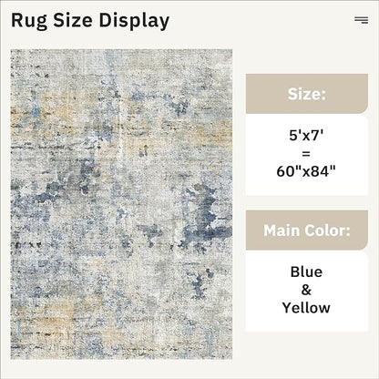 Soalmost Abstract Rug 5x7 Machine Washable Area Indoor Blue Yellow Low Pile Non-Slip Foldable Thin Accent Rugs for Bedroom Living Room Dining Room