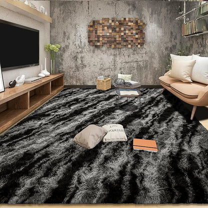 Tepook Fluffy Large Rugs for Living Room, Shag Area Rug 6x9 Soft Carpet for Bedroom, Modern Shaggy Rug for Kids Boys Girls, Plush Indoor Nursery Home Decor Rug with Non-Slip Bottom, Black Grey