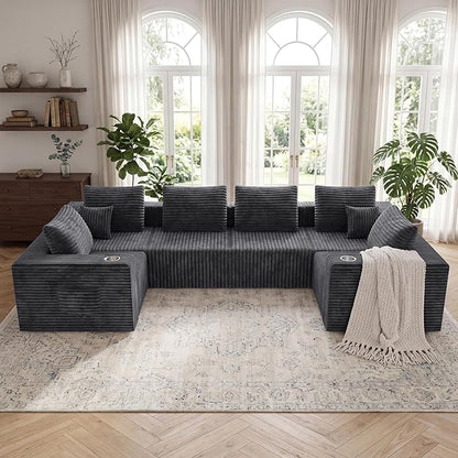 137'' U-Shaped Cloud Modular Sectional Sofa, Modern Corduroy Memory Foam Couch with Cup Holders, Upholstered Boneless Deep Seat Fluffy 6-Seater Sofa, No Assembly Needed, Grey, for Living Room