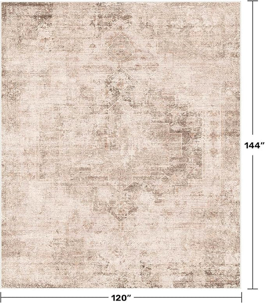 Tan Rugs for Living Room - 10x12 Vintage Large Floor Carpet Rug for Dining Room Under Table, Washable Non Slip with Rubber Backed