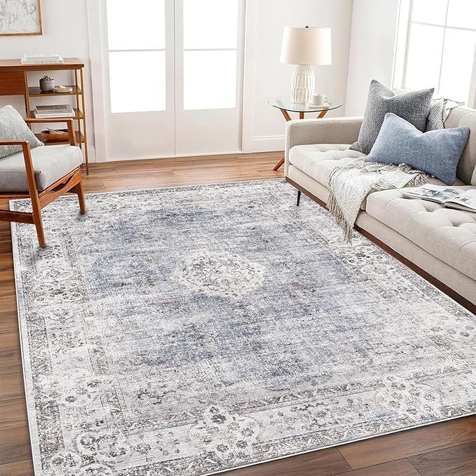 CHAMPLANT Washable Area Rug 3'x5' Vintage Traditional Floor Cover Foldable Thin Rugs Retro Kitchen Indoor Distressed Non Slip Carpet Floral Print Mat Bedroom Living Room