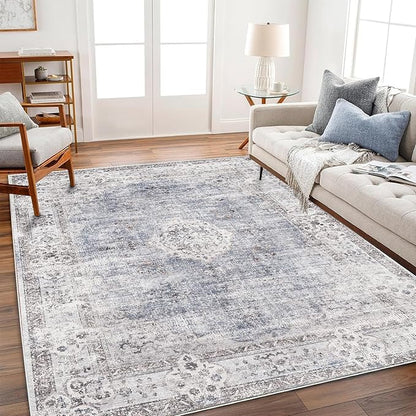 CHAMPLANT Washable Area Rug 4'x6' Vintage Traditional Floor Cover Foldable Thin Rugs Retro Kitchen Indoor Distressed Non Slip Carpet Floral Print Mat Bedroom Living Room