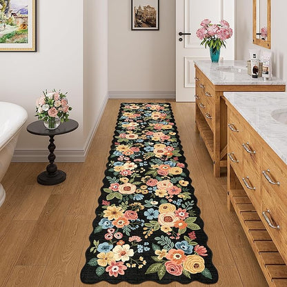 DUKINO 2x8 Washable Runner Rug, Lightweight Soft Floral Hallway Rug Runner with Low Pile Design, Non Shedding & Non Slip Backing Thin Indoor Carpet for Bedroom, Bathroom, Entrance, Kitchen, Black