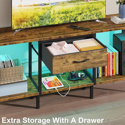 GYIIYUO LED TV Stand for 65 60 55 Inch TV, Entertainment Center with Power Outlet and Fabric Drawers, Industrial TV Console Table for Living Room Bedroom, 55" Rustic Brown