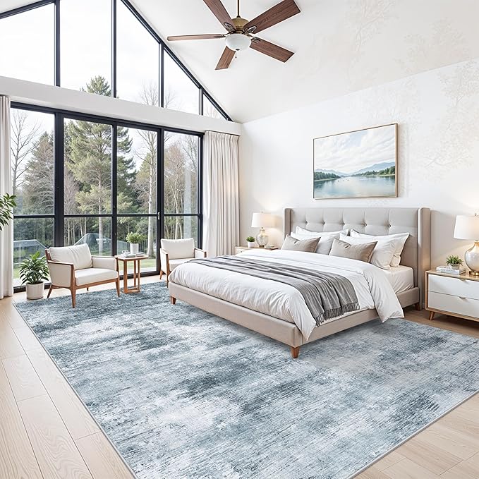 10x14 Area Rug Living Room – Washable Large Neutral Modern Abstract Soft Low Pile Non-Slip Thin Carpet for Bedroom, Dining Room, Home Office (Misty Blue Gray)