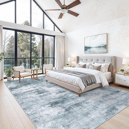 10x14 Area Rug Living Room – Washable Large Neutral Modern Abstract Soft Low Pile Non-Slip Thin Carpet for Bedroom, Dining Room, Home Office (Misty Blue Gray)