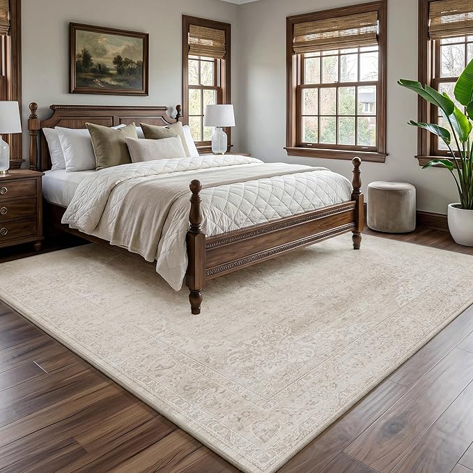 FMFUNCTEX 8x10 Washable Area Rug Neutral Beige Vintage Distressed Oriental Non Slip Low Pile Floral Rug for Living Room Bedroom Cream Traditional Soft Thin Retro Indoor Carpet for Dining Room Office