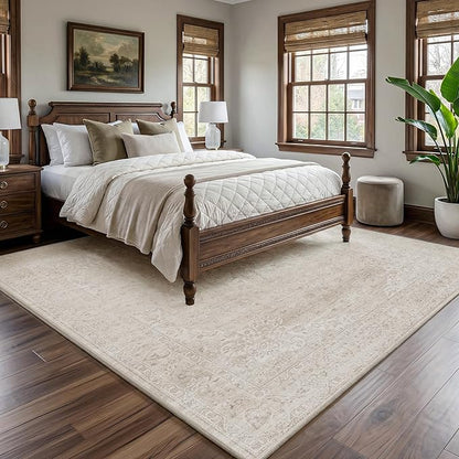 FMFUNCTEX 10x14 Washable Area Rug Neutral Beige Vintage Distressed Oriental Non Slip Low Pile Rug for Living Room Bedroom Cream Traditional Soft Thin Retro Indoor Carpet for Dining Room Office Dorm