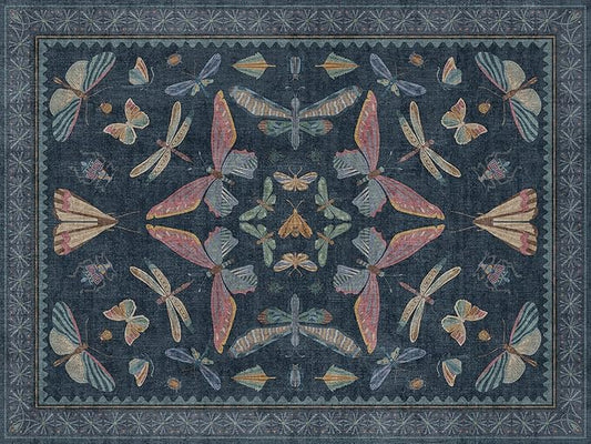 Washable 3x4 Entryway Rug, Non Slip Vintage Area Rug for Kitchen Floor, Laundry Room & Bedroom, Blue Boho Carpet with Insect Pattern, Stain Resistant Indoor Mat