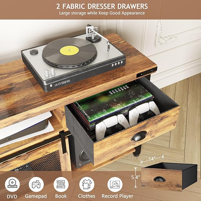 TV Stand for TV up to 75 Inches,Farmhouse Entertainment Center with 2 Drawers & Storage Cabinets, Industrial Media Console Table with Small Speaker Stand for Living Room, Bedroom, Rustic Brown