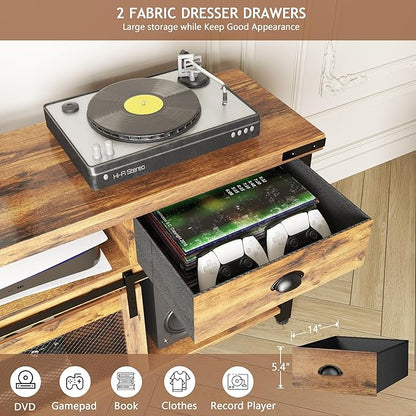TV Stand for TV up to 75 Inches,Farmhouse Entertainment Center with 2 Drawers & Storage Cabinets, Industrial Media Console Table with Small Speaker Stand for Living Room, Bedroom, Rustic Brown