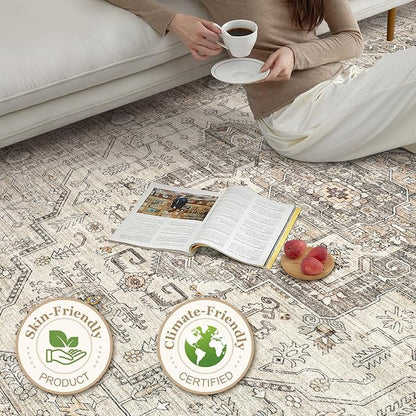Area Rug 7x9 Washable Vintage - Soft Traditional Rugs for Living Room Large Non Slip Backing with Low Pile Farmhouse Oriental Retro Carpet for Bedroom Dining Room or Home Office - Light Brown