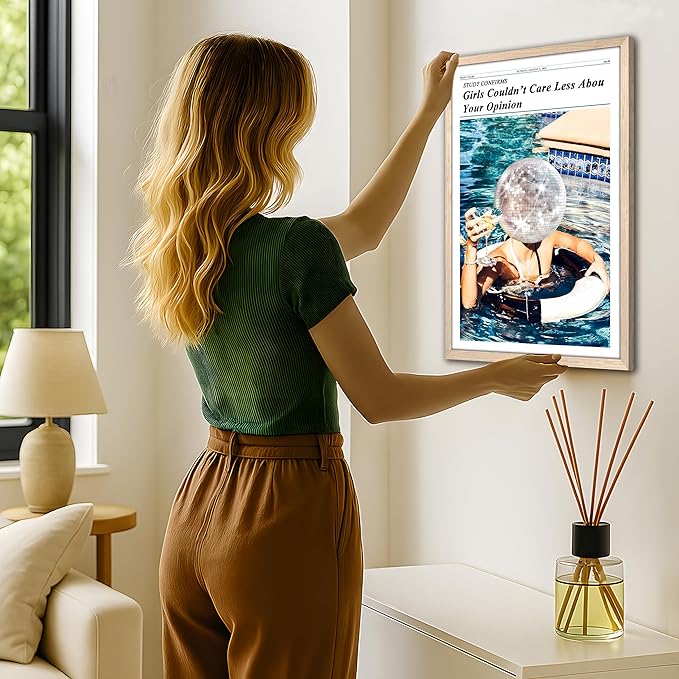 Wood Framed Disco Ball Head Girl Wall Art, Funny Newspaper Style Poster Print, Vintage Aesthetic Pool Party Canvas Painting, Trendy Feminist Quote Wall Decor for Bedroom Living Room Dorm 12x16 inch