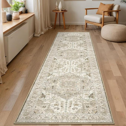 2x8 Washable Hallway Runner Rug - Kitchen Rugs with Non Slip Backing Vintage Soft Farmhouse Entryway Mat for Living Room Laundry Bedroom Bathroom Brown/Ivory