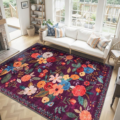 Washable Area Rug 8x10, Large Soft Floral Purple Carpet for Living Room Bedroom Dining Room Non-Slip Stain Resistant Under Table Rug