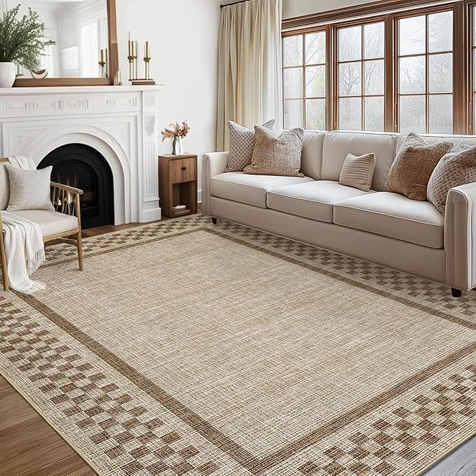 GarveeHome Area Rug 9x12 Living Room Rug Modern Bordered Soft Large Area Rugs for Bedroom Washable Checkered Dining Room Throw Carpet Non Slip Stain Resistant Geometric Rugs for Home Office, Taupe
