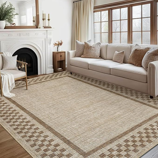 GarveeHome Area Rug 9x12 Living Room Rug Modern Bordered Soft Large Area Rugs for Bedroom Washable Checkered Dining Room Throw Carpet Non Slip Stain Resistant Geometric Rugs for Home Office, Taupe